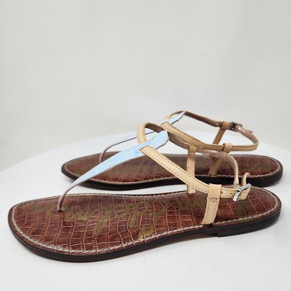 Sam Edelman Gigi Sandal Size 9.5M Iridescent T-Strap Pink Blue Snake Leather - Picture 6 of 14